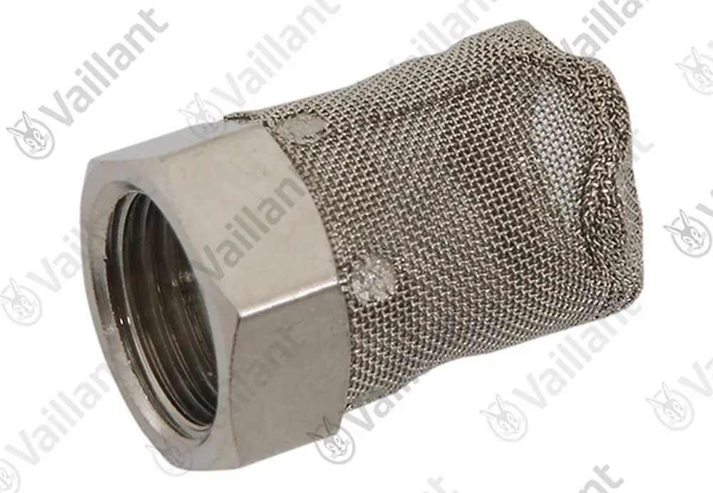 Vaillant Luftfilter aus Edelstahl mit feinmaschigem Metallgewebe, zylindrische Form, mit einem Innengewinde an einem Ende.